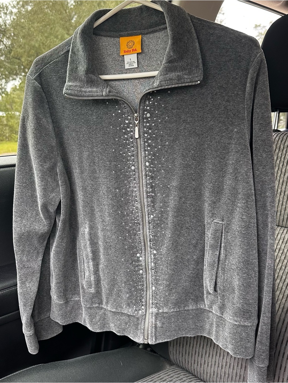 Ruby Rd. Gray Velour Zip-Up Jacket with Rhinestone Accents